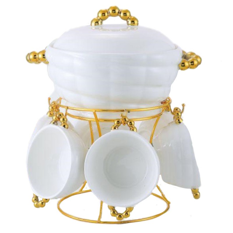 Waza ceramiczna biała ze złotymi uchwytami w zestawie 6 kokilków ze stojakiem Royality Line