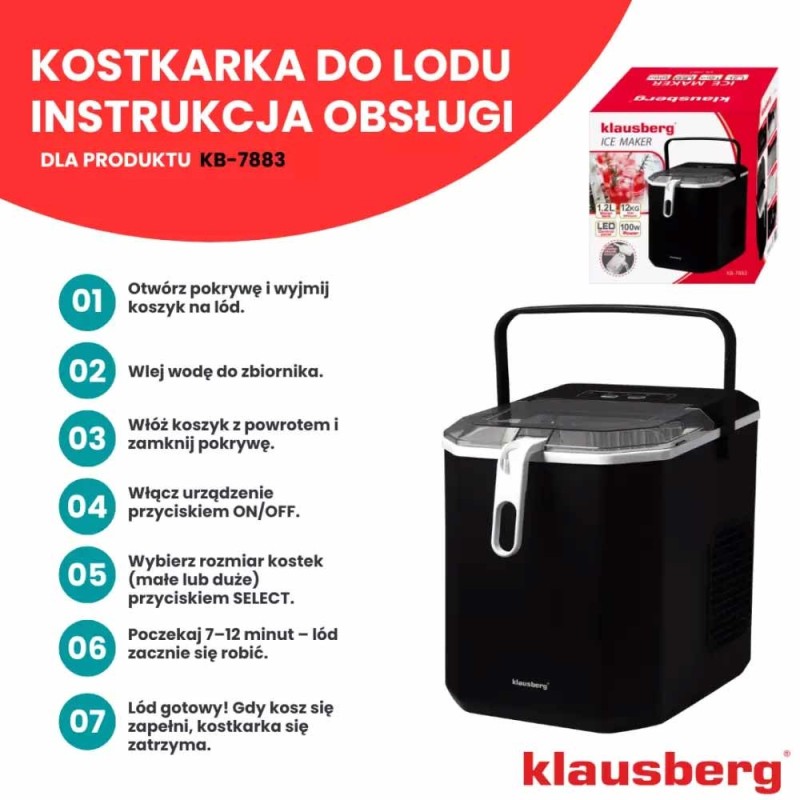Kostkarka do lodu automatyczna panel LCD 100W 1.2 L Klausberg KB 7883