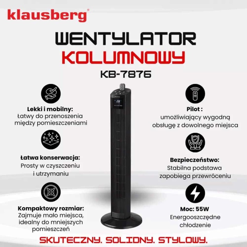 Wentylator kolumnowy podłogowy wiatrak stojący biurowy Klausberg KB 7876
