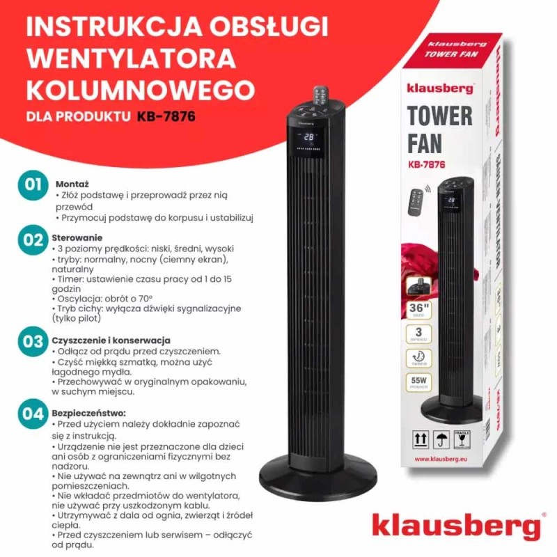 Wentylator kolumnowy podłogowy wiatrak stojący biurowy Klausberg KB 7876