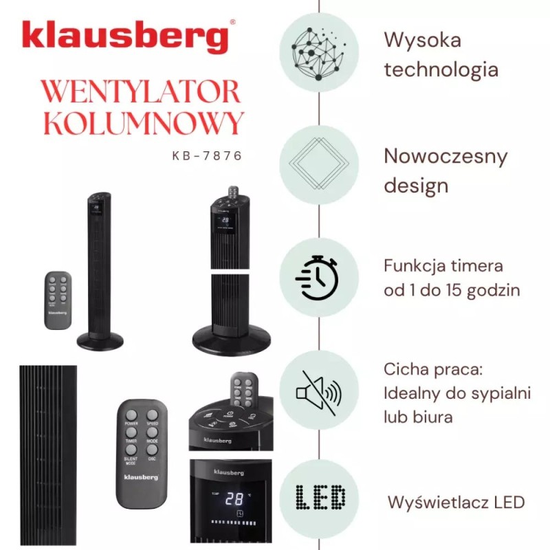 Wentylator kolumnowy podłogowy wiatrak stojący biurowy Klausberg KB 7876