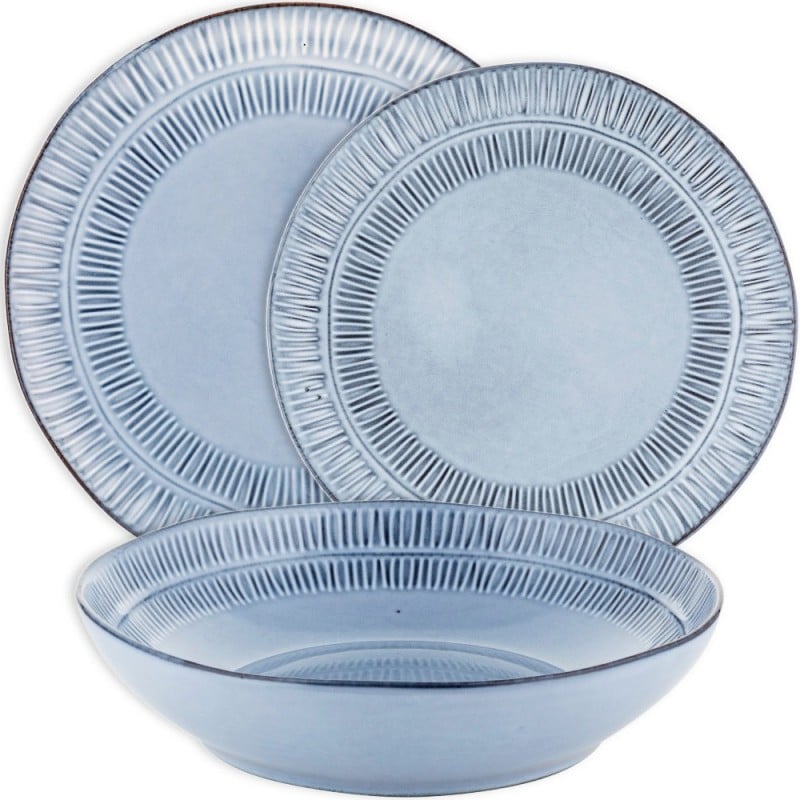 Serwis obiadowy porcelanowy Florina Almond Blue 30 elementów zestaw talerzy z kubkami i salaterkami dla 6 osób niebieskie