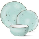 Serwis obiadowy porcelanowy MG Home Gemma Green 12 elementów zestaw talerzy dla 4 osób zielone nakrapiane