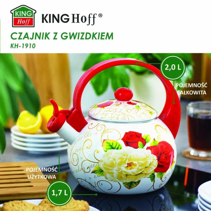 Czajnik tradycyjny emaliowany 2 L stalowy biały czerwone róże Kinghoff KH 1910