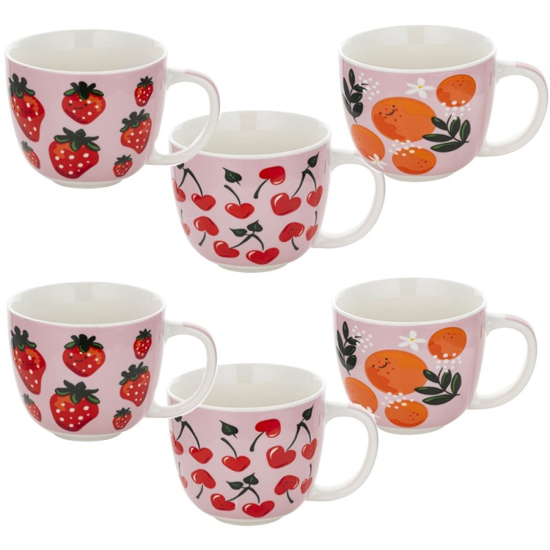 Kubki porcelanowe Florina Owocówki 400 ml zestaw 6 kubków białe wzór owoce