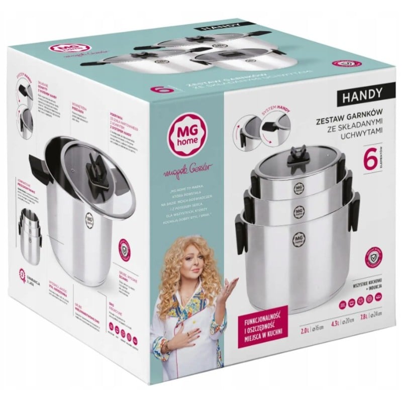 Zestaw garnków stalowych MG Home Handy 2.0/4.3/7.8 litrów komplet 3 garnki z pokrywkami składane uchwyty duże