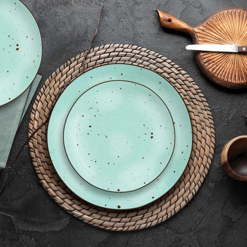 Serwis obiadowy 36 elementów porcelanowy MG Home Gemma Green zestaw talerzy dla 12 osób miętowe nakrapiane