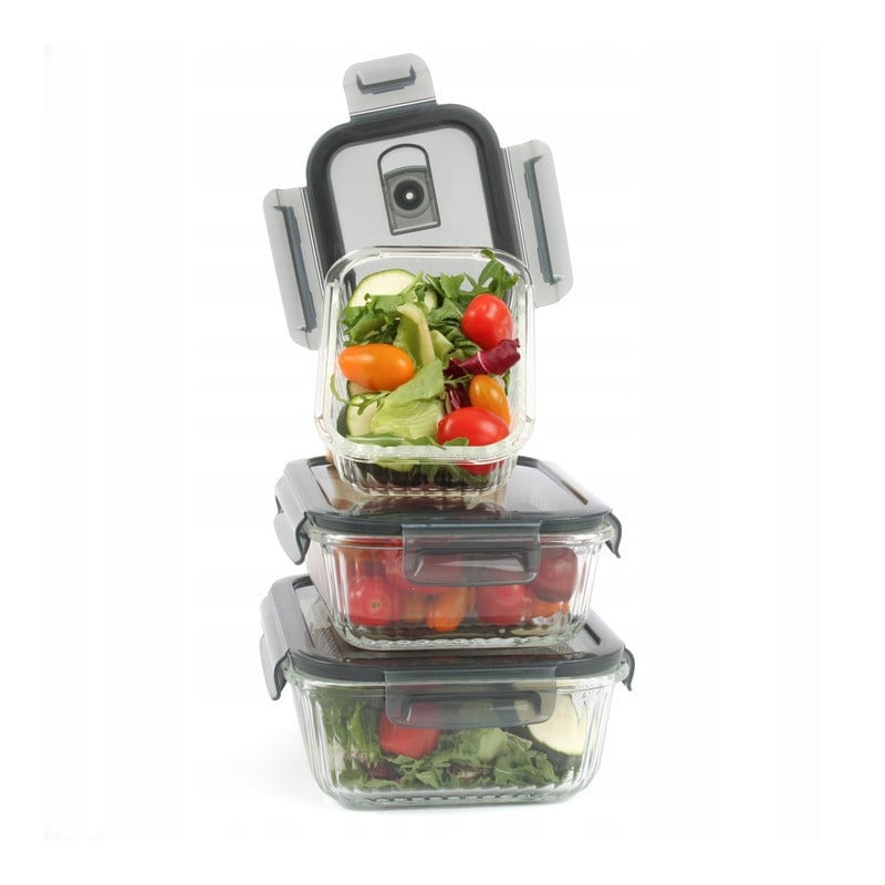 Pojemniki szklane lunchbox GierekHoff Riffle 1500/1000/400 ml żaroodporne szczelne GH 1107