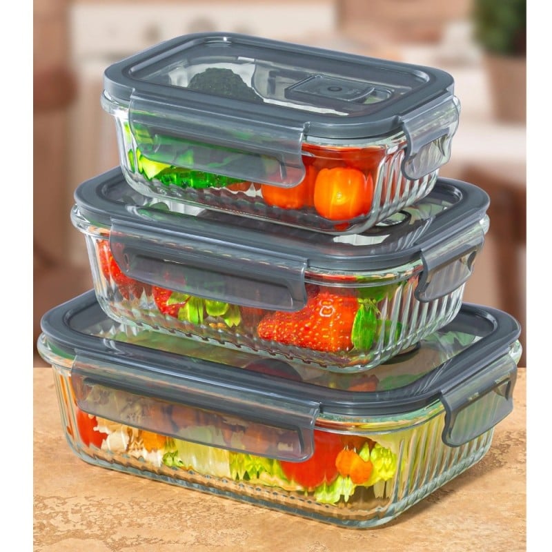 Pojemniki szklane lunchbox GierekHoff Riffle 1500/1000/400 ml żaroodporne szczelne GH 1107