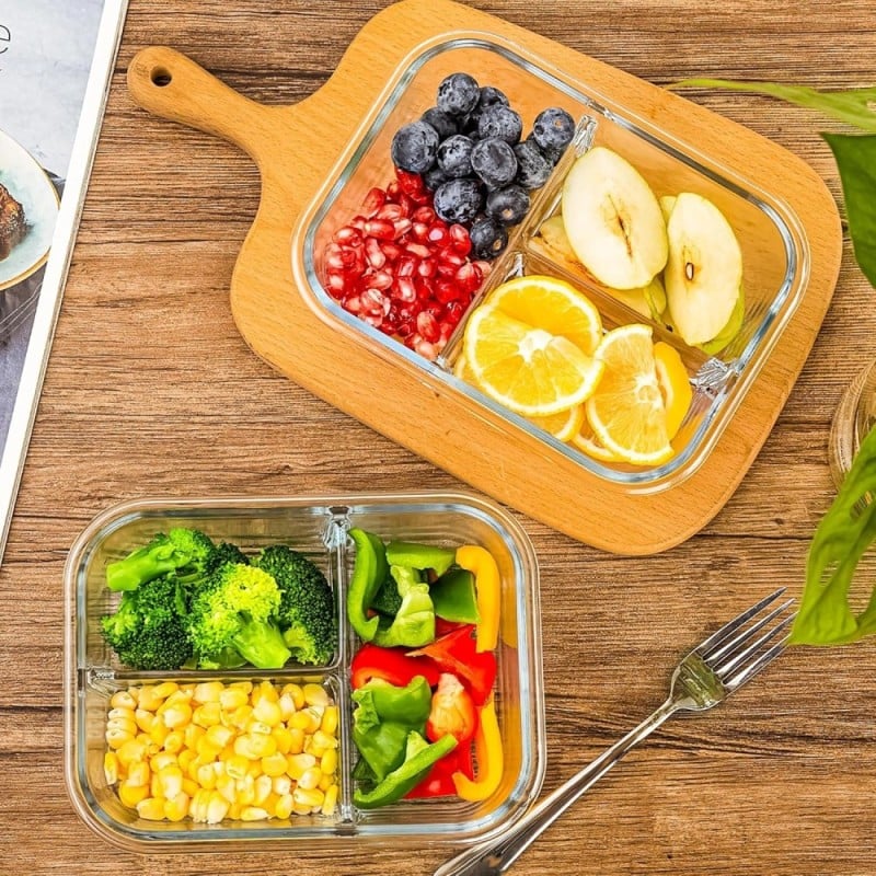 Zestaw 3 pojemników szklanych 1000 ml z przegrodami lunchbox GierekHoff Split 1111 żaroodporne hermetyczne trzykomorowe