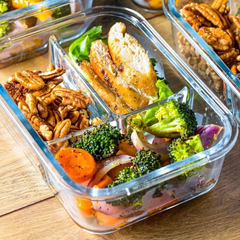 Zestaw 3 pojemników szklanych 1000 ml z przegrodami lunchbox GierekHoff Split 1111 żaroodporne hermetyczne trzykomorowe