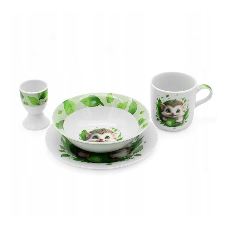 Zestaw obiadowy porcelana dla dzieci Bella Fiore 4 elementy Jeżyk kubek talerzyk miseczka kieliszek na jajko