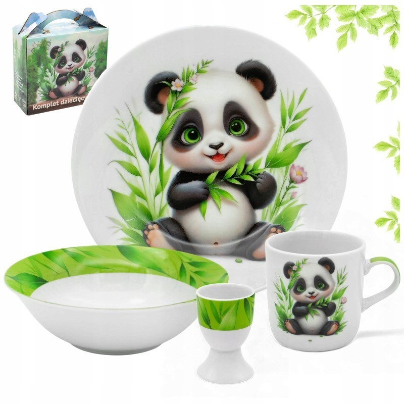 Zestaw obiadowy porcelana dla dzieci Bella Fiore 4 elementy Panda kubek talerzyk miseczka kieliszek na jajko