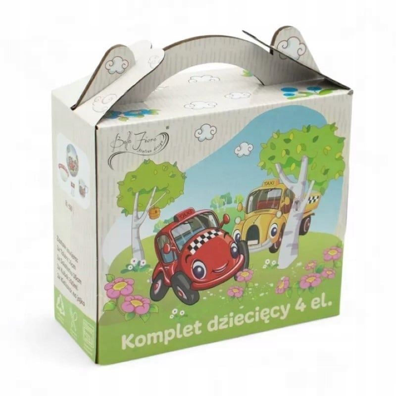 Zestaw obiadowy porcelana dla dzieci Bella Fiore 4 elementy Auta kubek talerzyk miseczka kieliszek na jajko