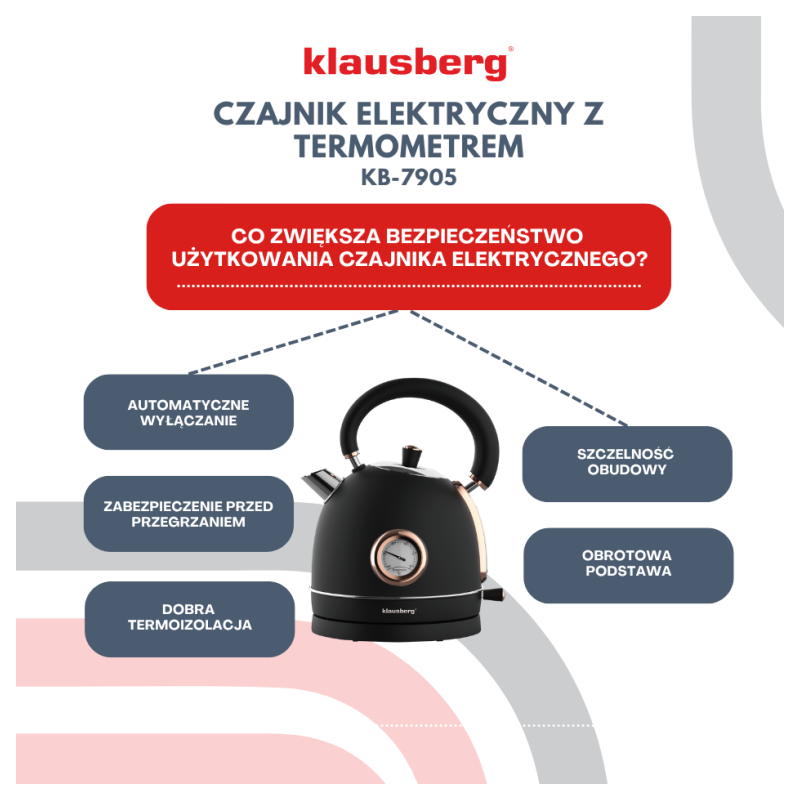 Czajnik elektryczny stalowy 1.8L czarny z termometrem 2200W Klausberg KB7905