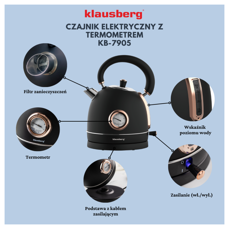 Czajnik elektryczny stalowy 1.8L czarny z termometrem 2200W Klausberg KB7905