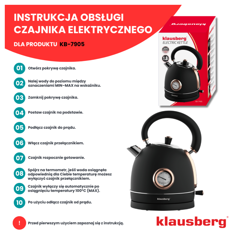 Czajnik elektryczny stalowy 1.8L czarny z termometrem 2200W Klausberg KB7905