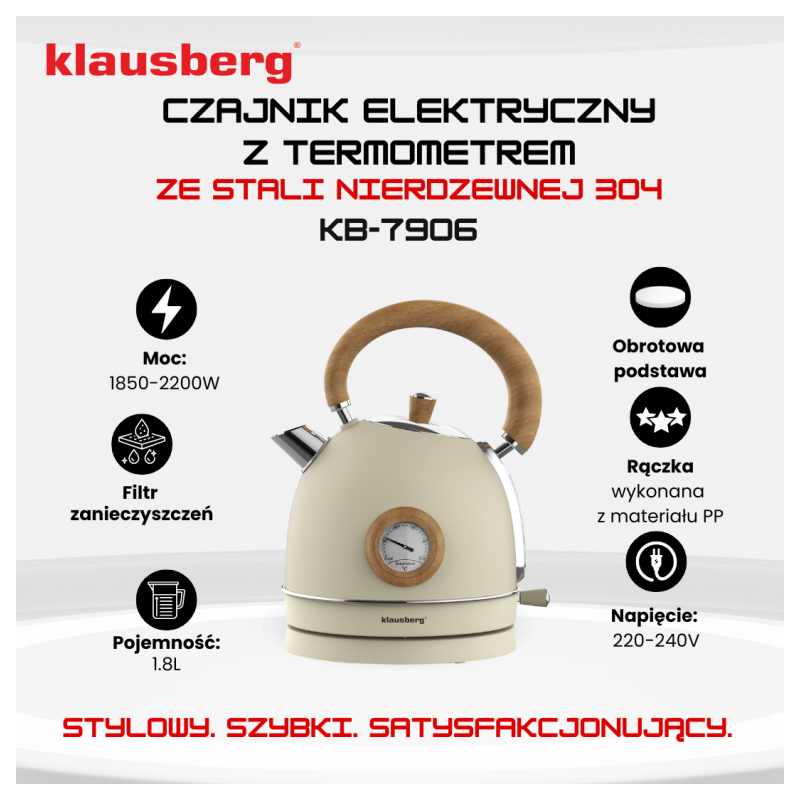 Czajnik elektryczny stalowy 1.8L kremowy z termometrem 2200W Klausberg KB7906