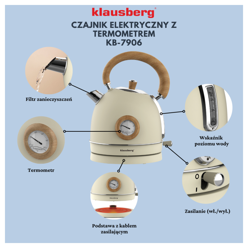 Czajnik elektryczny stalowy 1.8L kremowy z termometrem 2200W Klausberg KB7906