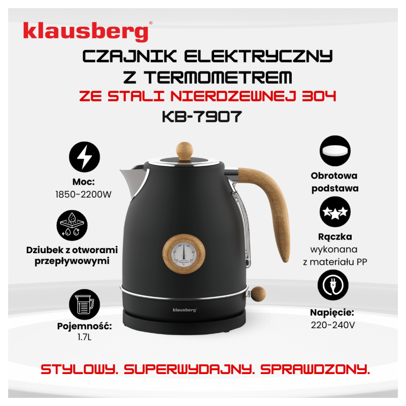 Czajnik elektryczny bezprzewodowy z termometrem 1,7 L czarny 2200W Klausberg KB7907