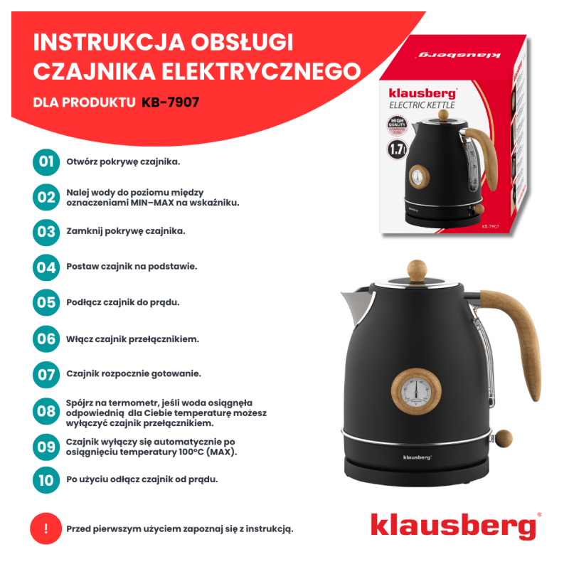 Czajnik elektryczny bezprzewodowy z termometrem 1,7 L czarny 2200W Klausberg KB7907