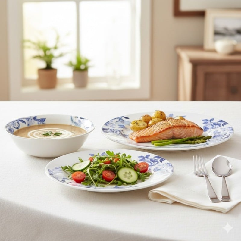 Serwis obiadowy 18 elementów Bestler białe talerze dla 6 osób wzór niebieskie kwiaty