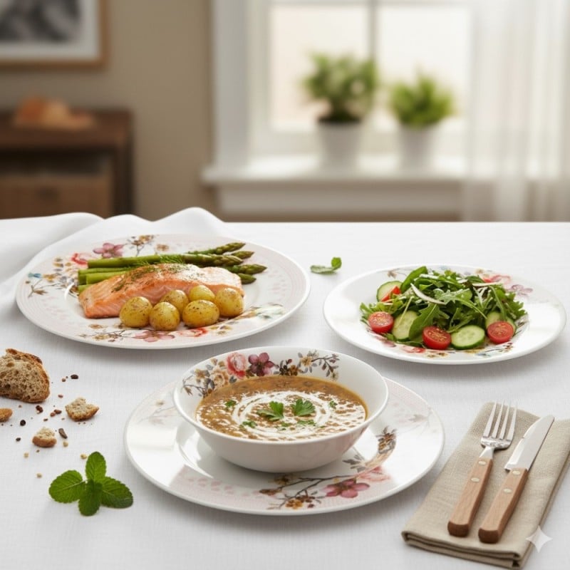 Serwis obiadowy 18 elementów Bestler białe talerze dla 6 osób wzór kwiaty