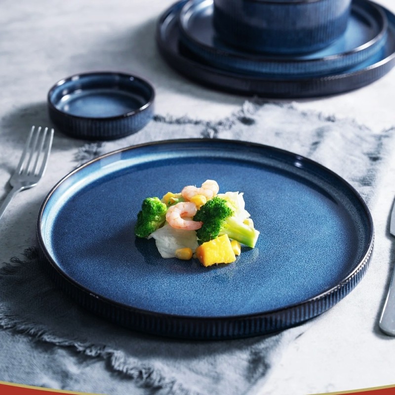 Talerz deserowy porcelanowy 21 cm Florina Evia Blue granatowy prążkowany modern