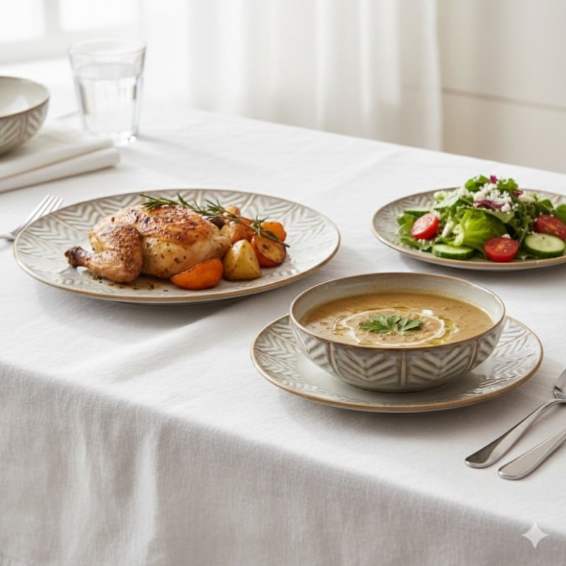 Serwis obiadowy porcelanowy Florina Lehti 30 elementów zestaw talerzy salaterek kubków dla 6 osób liście