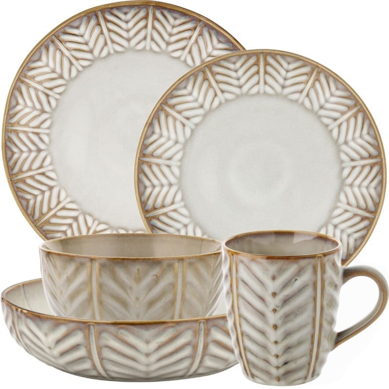 Serwis obiadowy porcelanowy Florina Lehti 42 elementy zestaw talerzy salaterek kubków filiżanek dla 6 osób liście