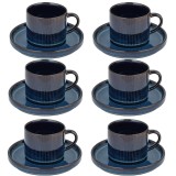 Komplet 6 filiżanek ze spodkami porcelanowe Florina Evia Blue 250 ml do kawy herbaty zestaw niebieskie modern