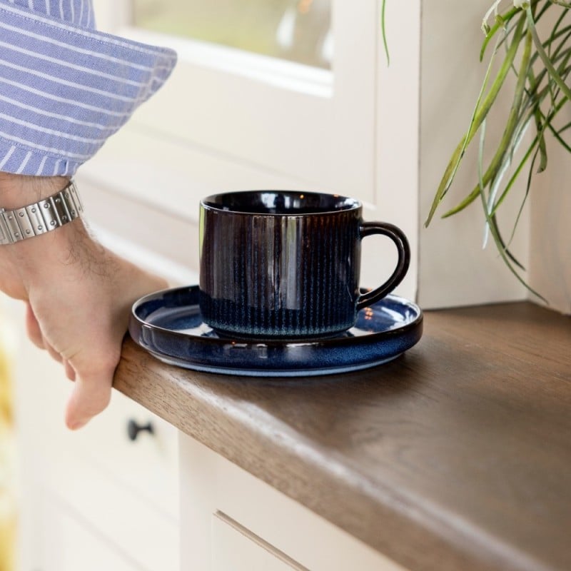 Komplet 6 filiżanek ze spodkami porcelanowe Florina Evia Blue 250 ml do kawy herbaty zestaw niebieskie modern