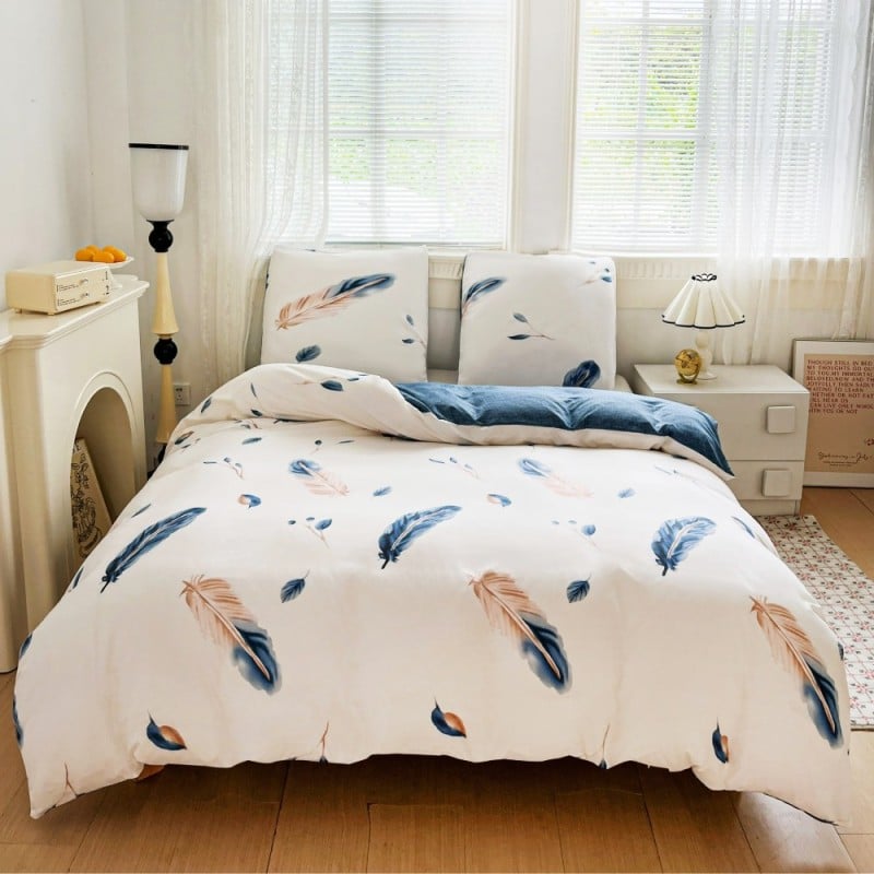 Pościel 140x200 bawełna satynowa dwustronna GierekHoff gruba 2 części GH 3099 biało niebieska w pióra