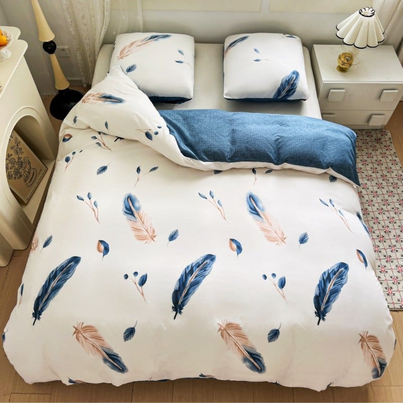 Pościel 160x200 bawełna satynowa dwustronna GierekHoff gruba 3 części GH 3099 biało niebieska w pióra