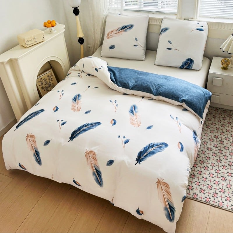 Pościel 160x200 bawełna satynowa dwustronna GierekHoff gruba 3 części GH 3099 biało niebieska w pióra