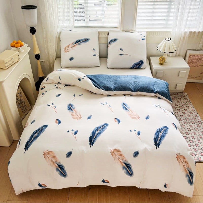 Pościel 200x220 bawełna satynowa dwustronna GierekHoff gruba 3 części GH 3099 biało niebieska w pióra