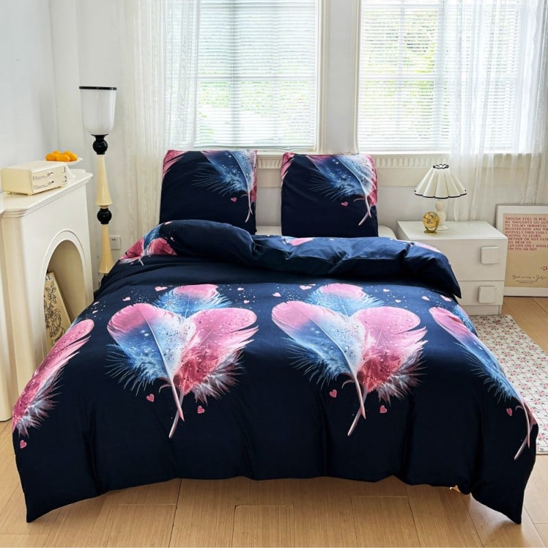 Pościel 140x200 bawełna satynowa dwustronna GierekHoff gruba 2 części GH 3101 granatowe w pióra