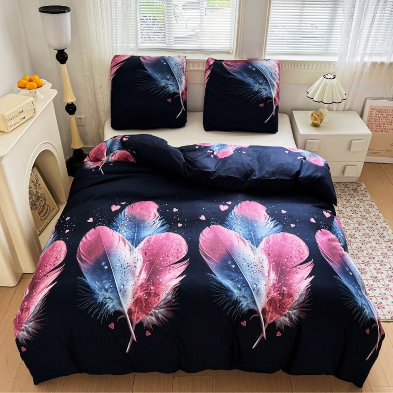 Pościel 160x200 bawełna satynowa dwustronna GierekHoff gruba 3 części GH 3101 granatowe w pióra