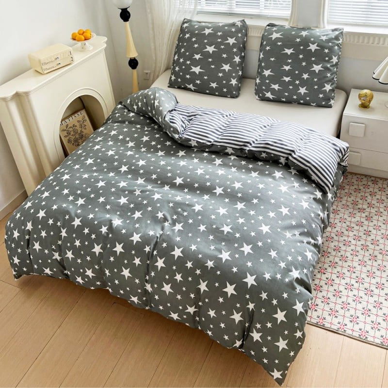 Pościel 140x200 bawełna satynowa dwustronna GierekHoff gruba 2 części GH 3103 szara w gwiazdki