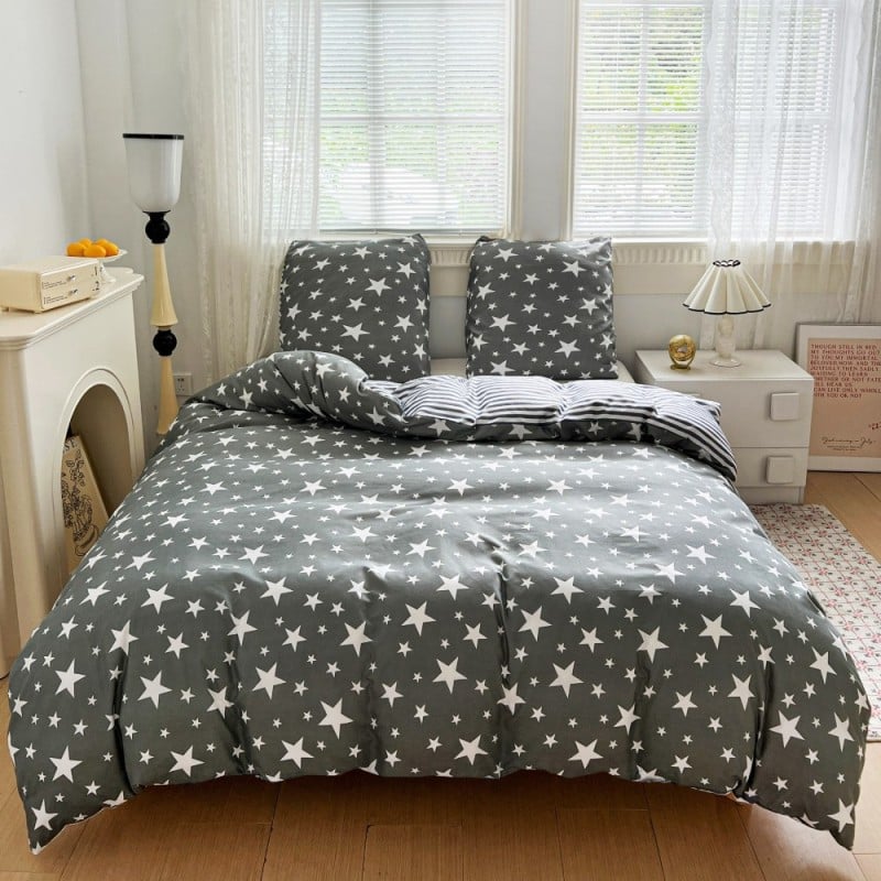 Pościel 160x200 bawełna satynowa dwustronna GierekHoff gruba 3 części GH 3103 szara w gwiazdki