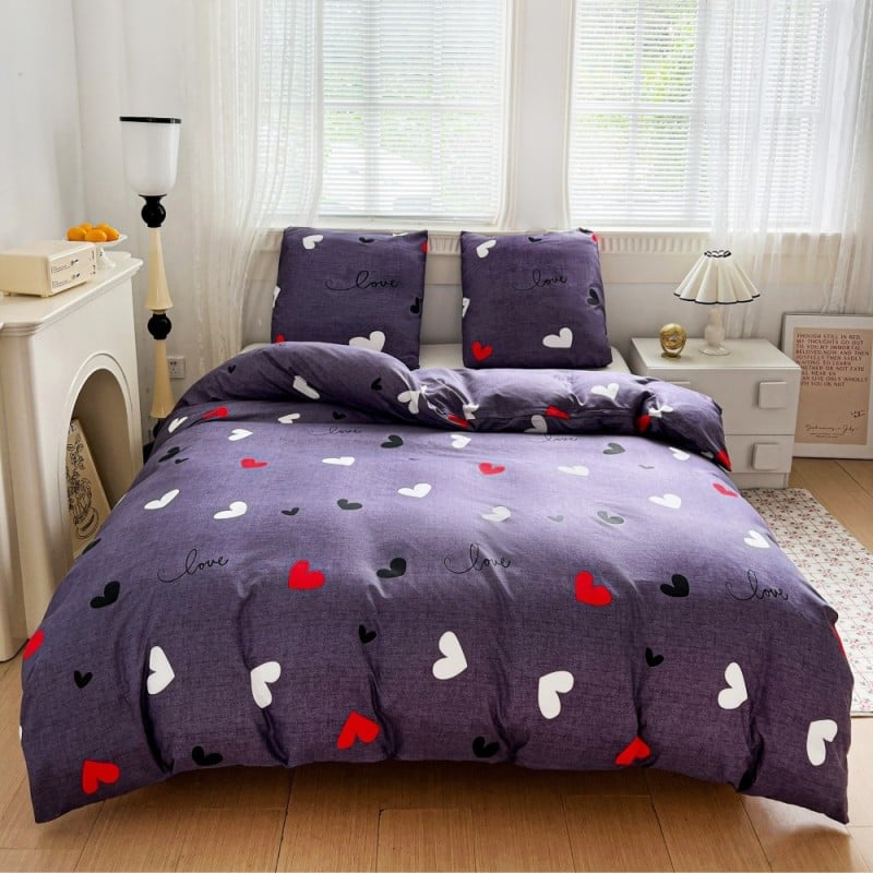 Pościel 140x200 bawełna satynowa dwustronna GierekHoff gruba 2 części GH 3104 fioletowa w serduszka