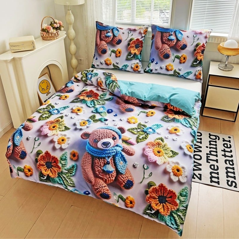 Pościel 160x200 bawełna satynowa wzór 5D dwustronna GierekHoff gruba 3 części GH 3114 dziergany miś