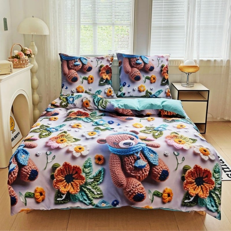 Pościel 160x200 bawełna satynowa wzór 5D dwustronna GierekHoff gruba 3 części GH 3114 dziergany miś