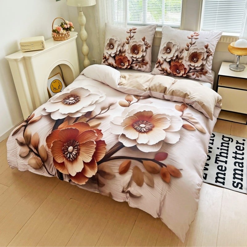 Pościel 200x220 bawełna satynowa wzór 5D dwustronna GierekHoff gruba 3 części GH 3118 beżowa kompozycja kwiatowa