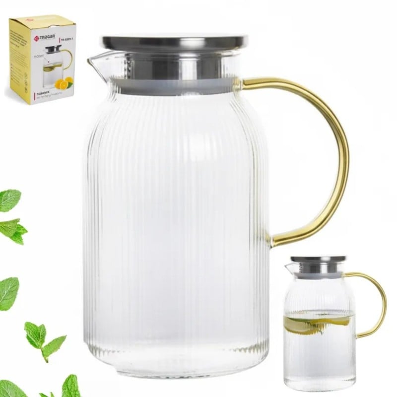 Szklany dzbanek do napojów 1,5 l z metalową pokrywką I złotą rączką tragar