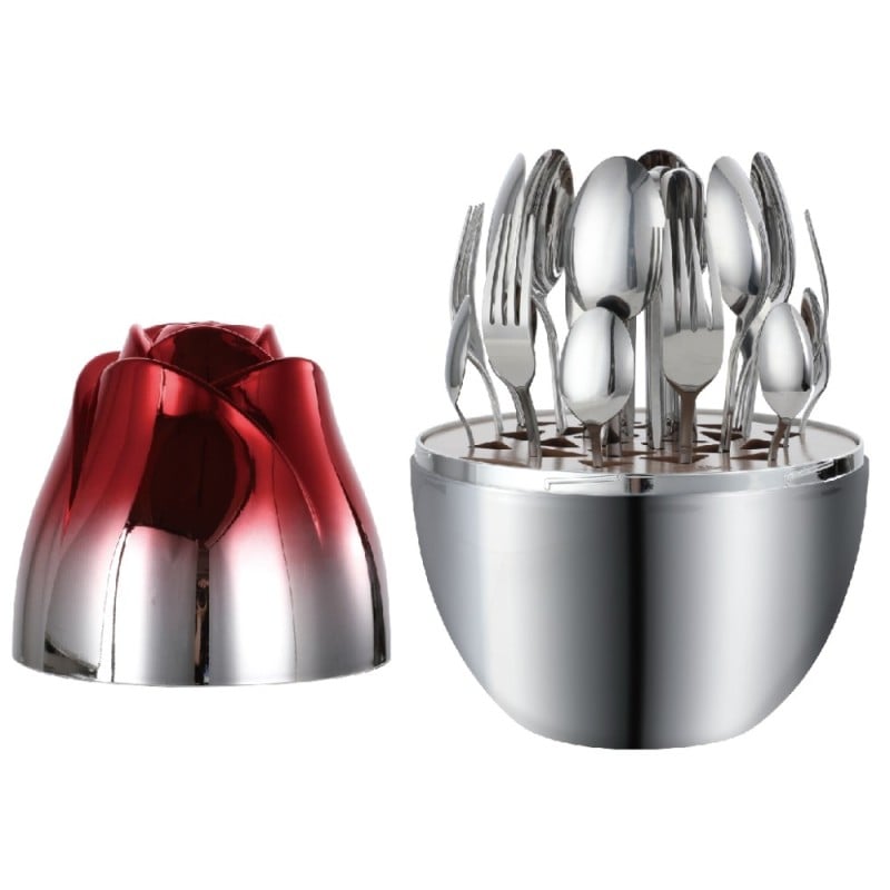 Komplet sztućców stal nierdzewna połysk Rosa Bella zestaw 24 elementy organizer kwiat jajko RB 731