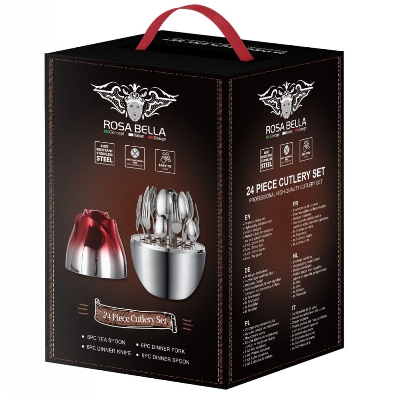 Komplet sztućców stal nierdzewna połysk Rosa Bella zestaw 24 elementy organizer kwiat jajko RB 731