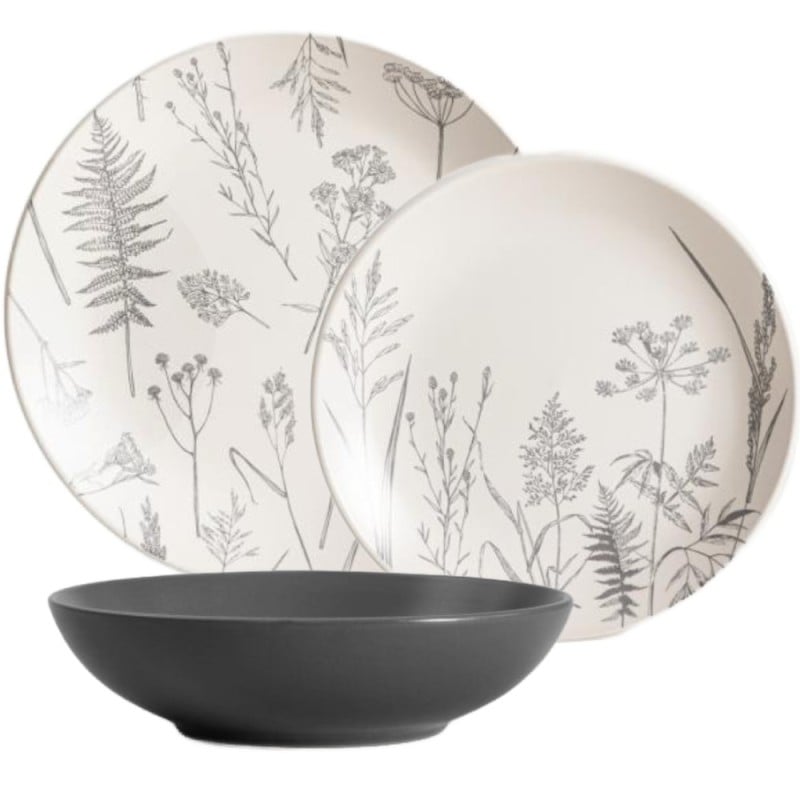 Serwis obiadowy 18 elementów Homla Bari kamionka zestaw talerzy dla 6 osób szary