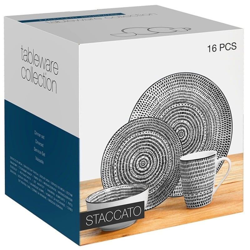 Serwis obiadowy 16 elementów Staccato porcelana zestaw talerzy kubków dla 4 osób talerze czarno-białe
