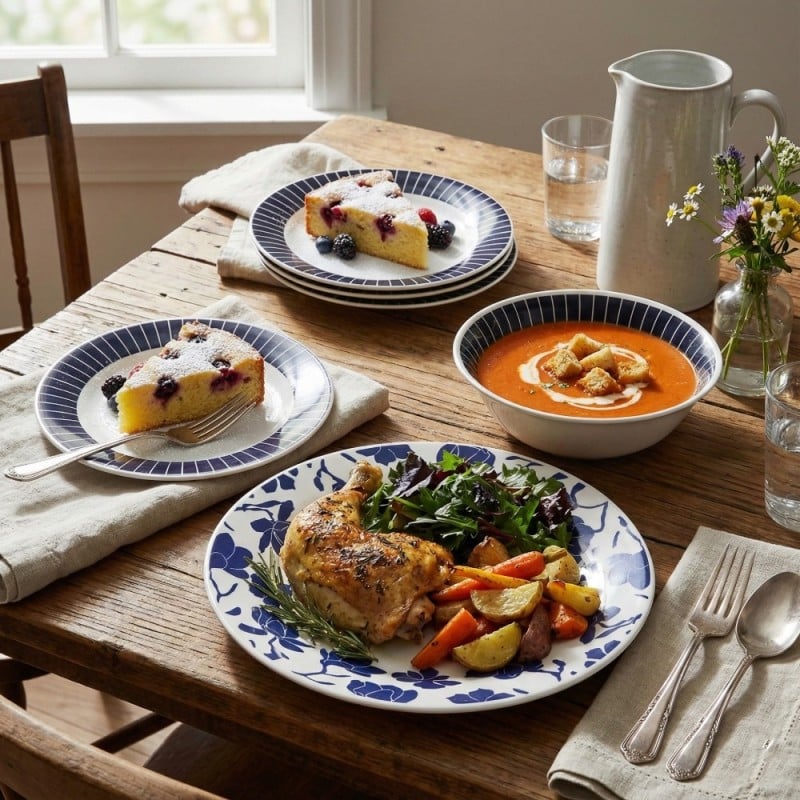 Serwis obiadowy 18 elementów Bestler białe talerze dla 6 osób wzór niebieski kwiat